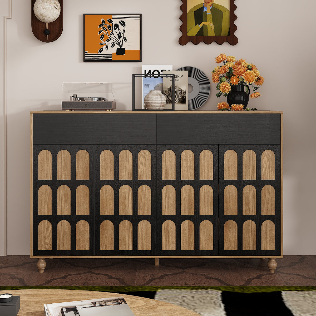 59-inch mid-century black buffet sideboard on tall legs with 2 drawers and 4 doors