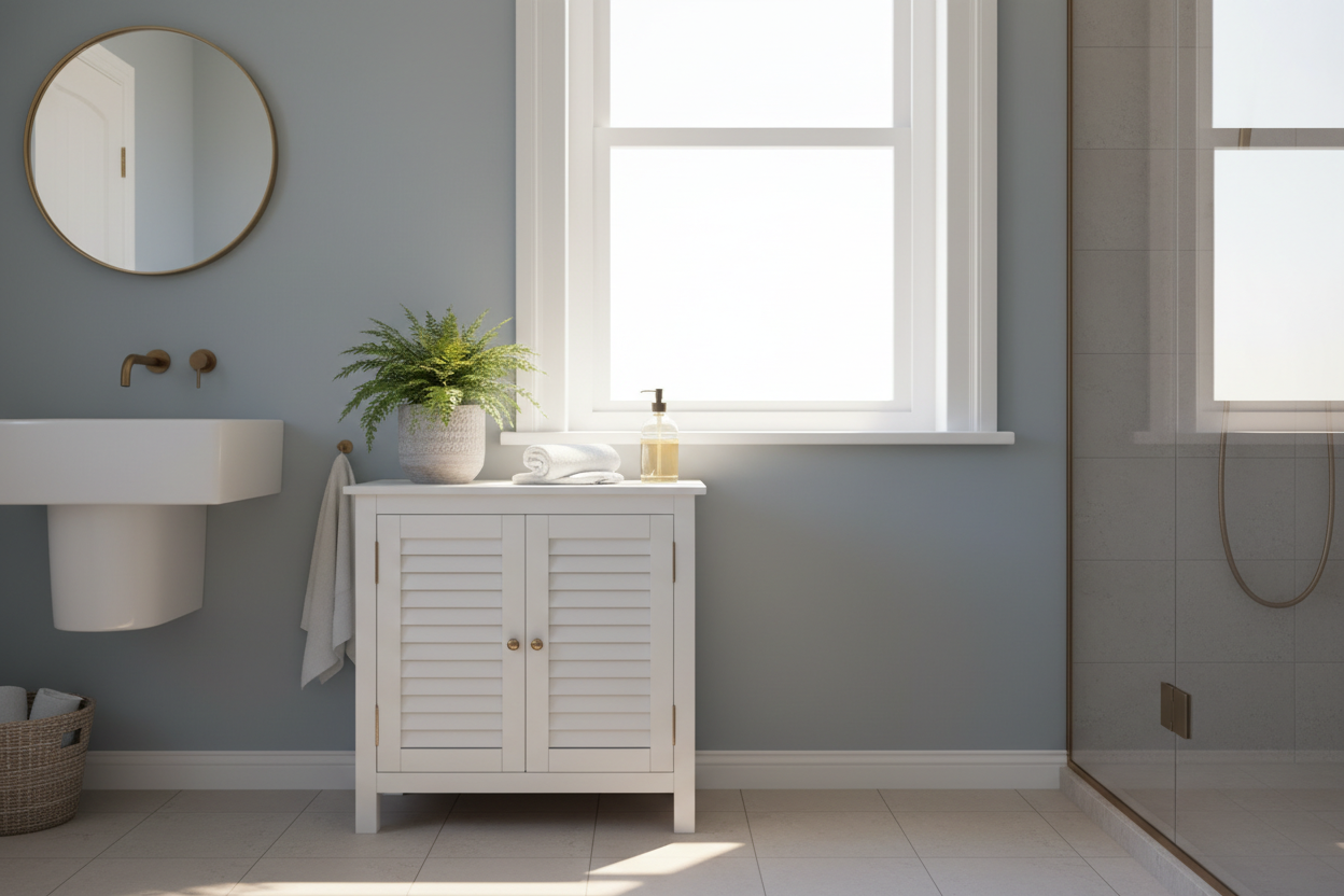 I Brightened My Dark Bathroom With a Small White Wooden Cabinet