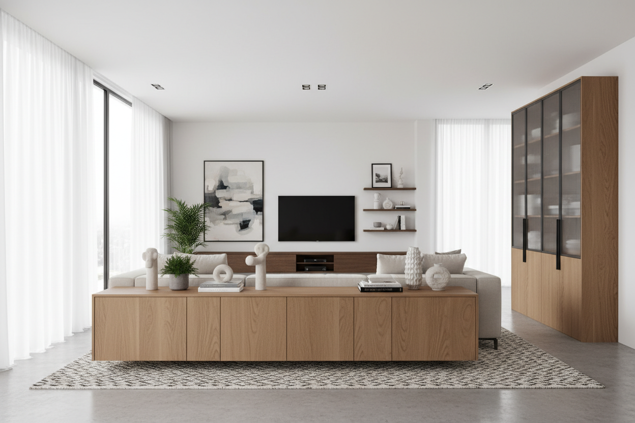 Why I Always Put Long Cabinets Behind Floating Sofas