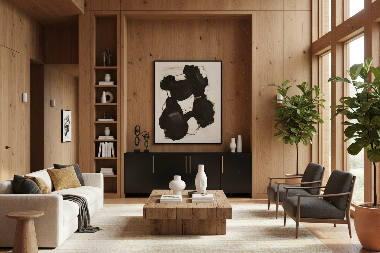 Your All-Wood Living Room Desperately Needs a Black Cabinet