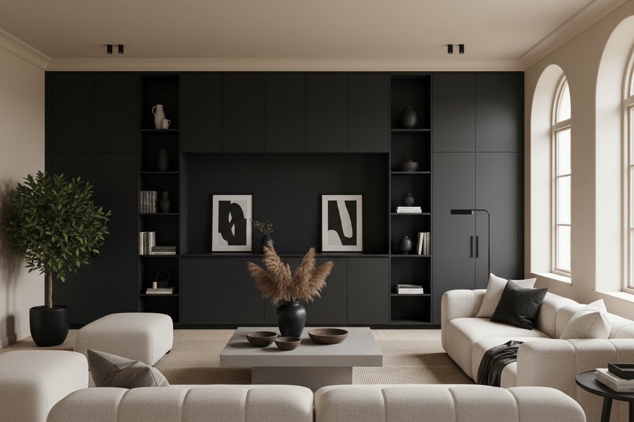 Why Every 'Sad Beige' House Needs Black Cabinets for Living Room Storage