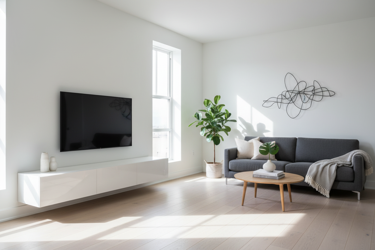 I Used a Wall Mounted Media Console White Finish to Fake a Wider Room