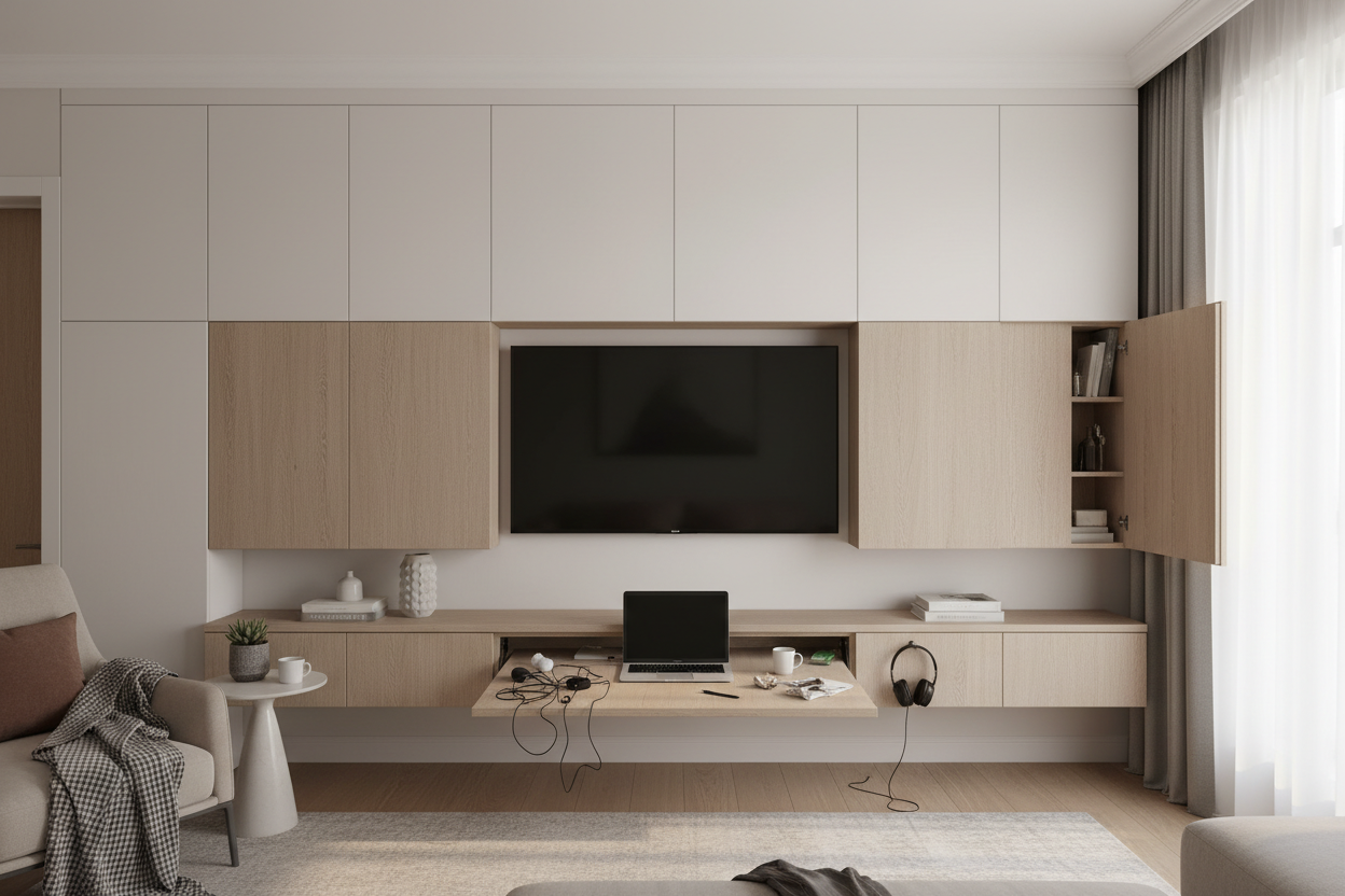 I Hid My Messy WFH Setup Inside a Desk and TV Wall Unit
