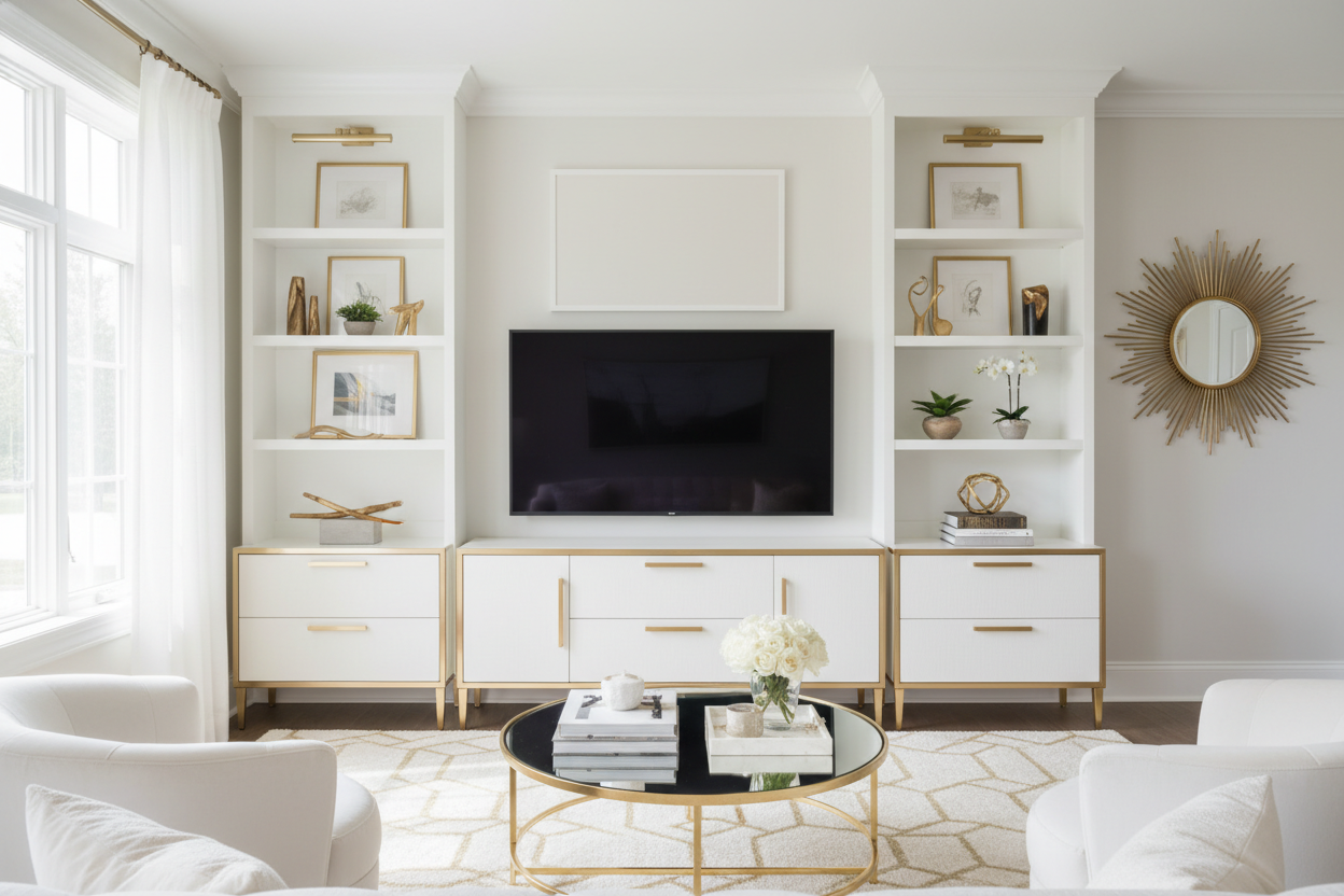 How I Made a Gold and White TV Stand Work in My Basic Living Room
