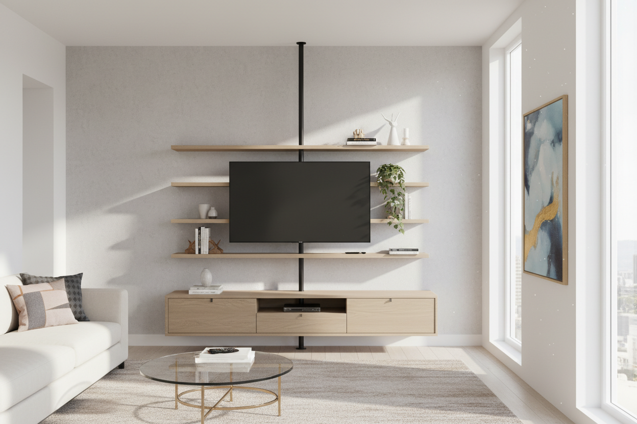 Faking a Custom Media Wall? Start With a TV Stand With Built-In Mount