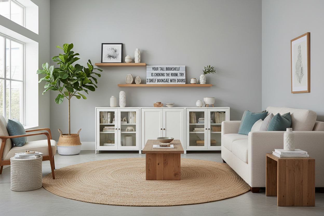 Your Tall Bookshelf Is Choking the Room (Try a 3 Shelf Bookcase With Doors)