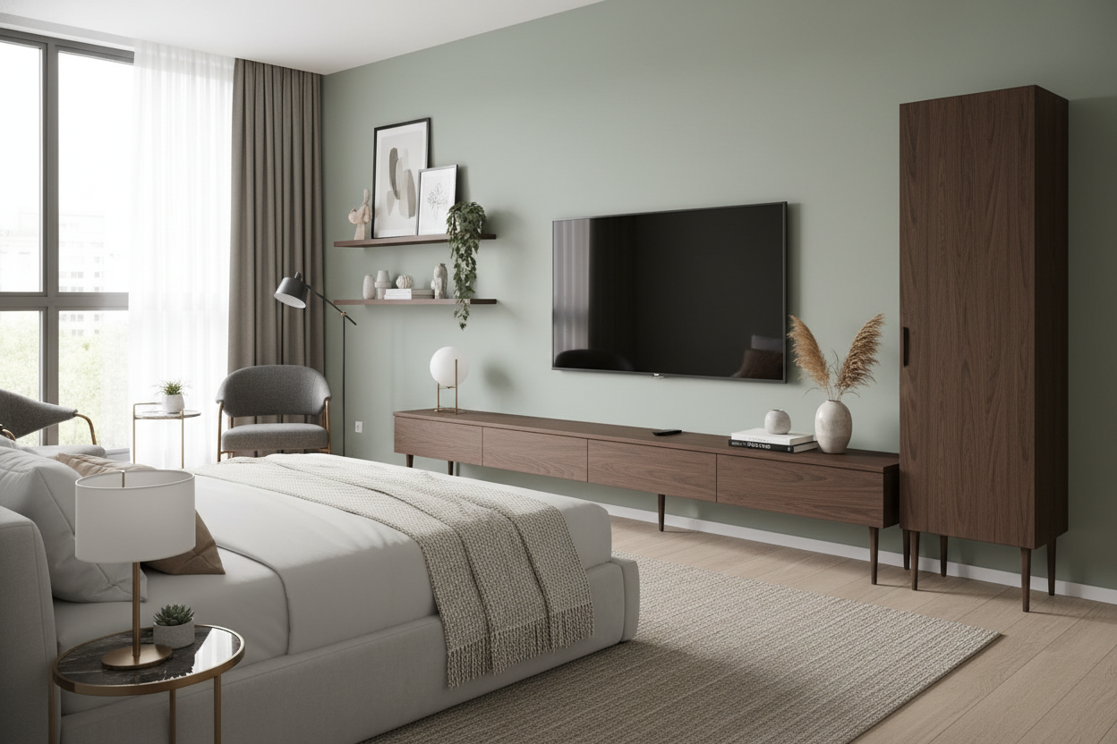 How an Extra Thin TV Stand Finally Fixed My Awkward Bedroom Layout