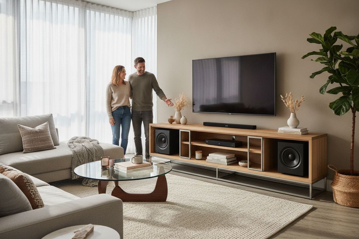I Finally Found a TV Stand With Space for Speakers That Isn't Ugly