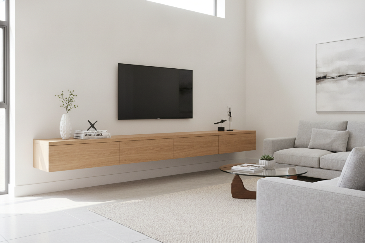 I Bought a Wood Floating TV Stand Just to Stop Dusting Under It