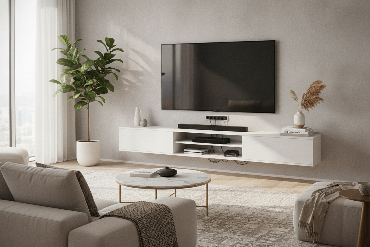 I Refuse to See Dangling Wires: Enter the Floating TV Stand With Outlets