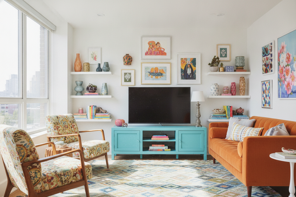 Why I Cured My Boring Living Room With an Aqua TV Stand