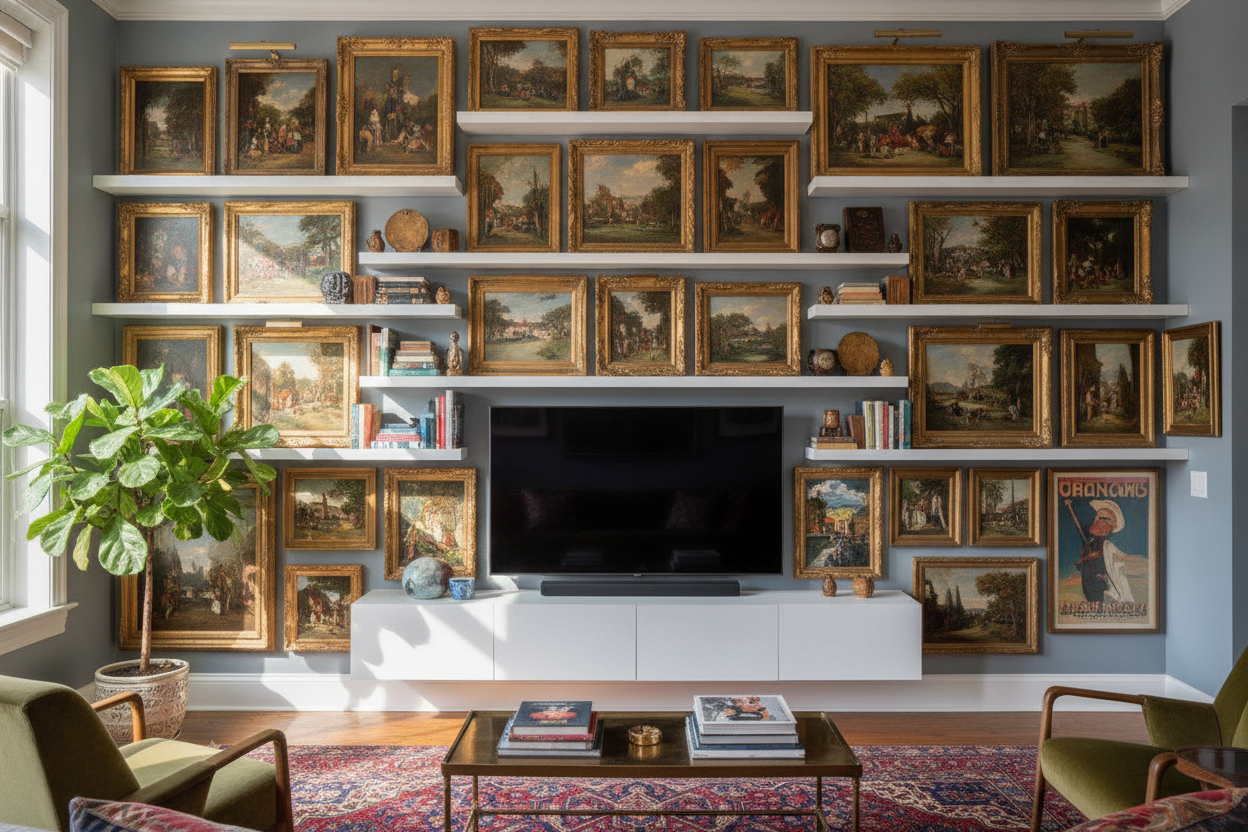 Why I Surrounded My Floating TV Stand Shelves With Vintage Art