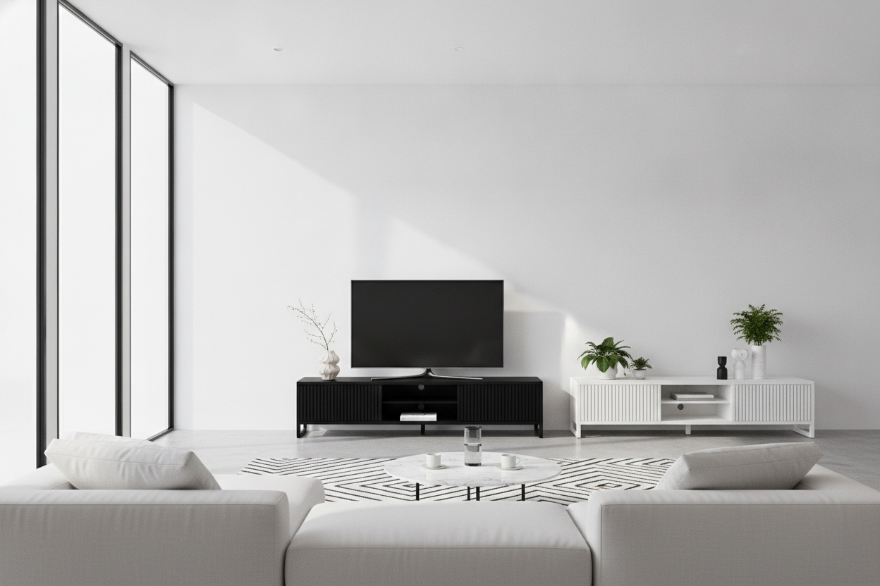 Why I Put a Walker Edison Black TV Stand in My All-White Living Room
