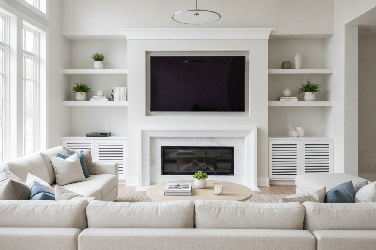 How White Fireplace TV Stands Magically Soften a Giant Screen