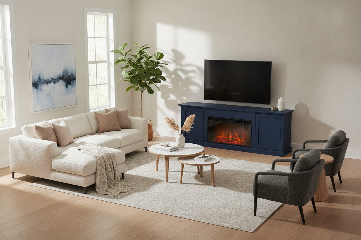 Your All-Neutral Living Room Needs a Blue Fireplace TV Stand