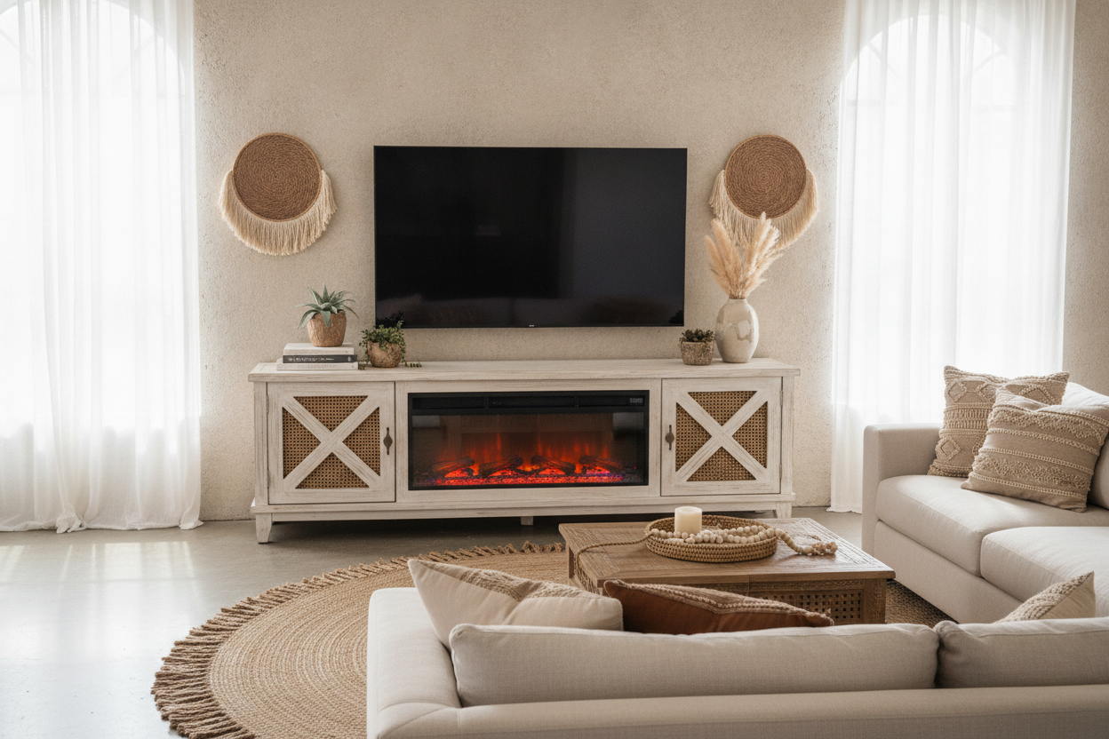 A Boho TV Stand With Fireplace Makes Zero Sense (But I Love It)