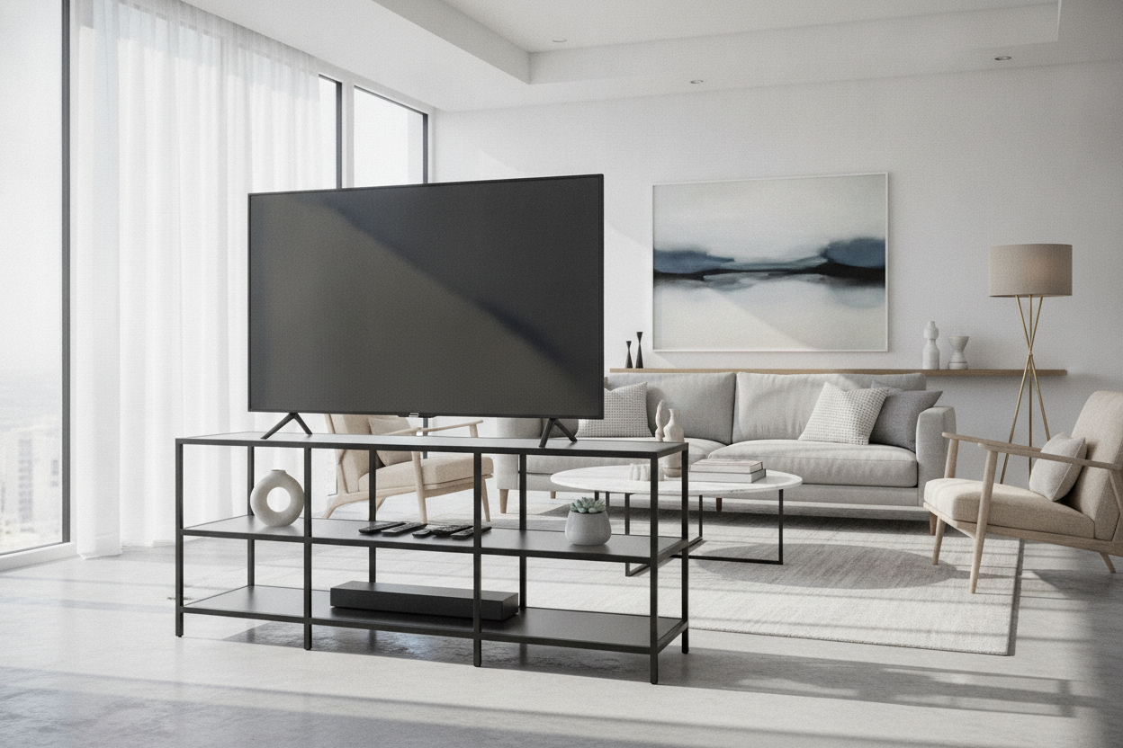 I Ditched My Chunky Wood Credenza for a Metal and Glass TV Stand