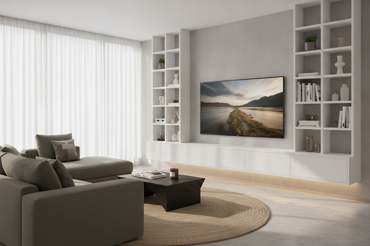 I Faked Custom Built-Ins With a 100 Inch Floating TV Stand