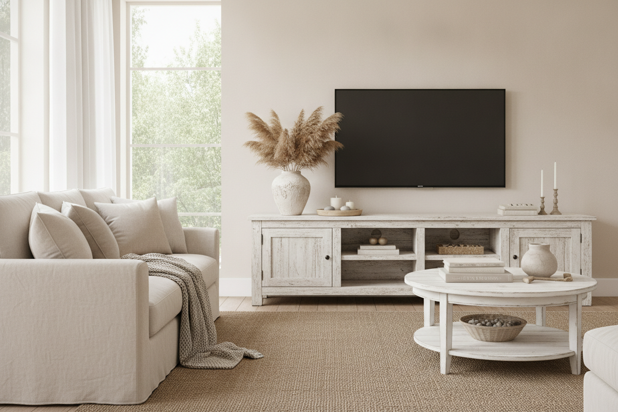 Why an Off-White Farmhouse TV Stand Won't Clash With Your Walls