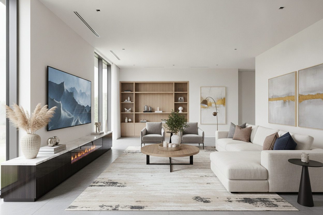 Your Blank Living Room Wall Needs a 100 Inch TV Stand With Fireplace