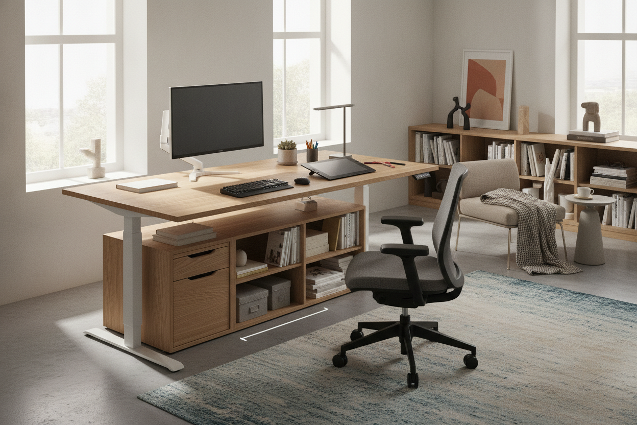 The 63 Inch Standing Desk Guide: Wide-Span Surface Zoning, Dynamic Clearance, and Office Storage Integration