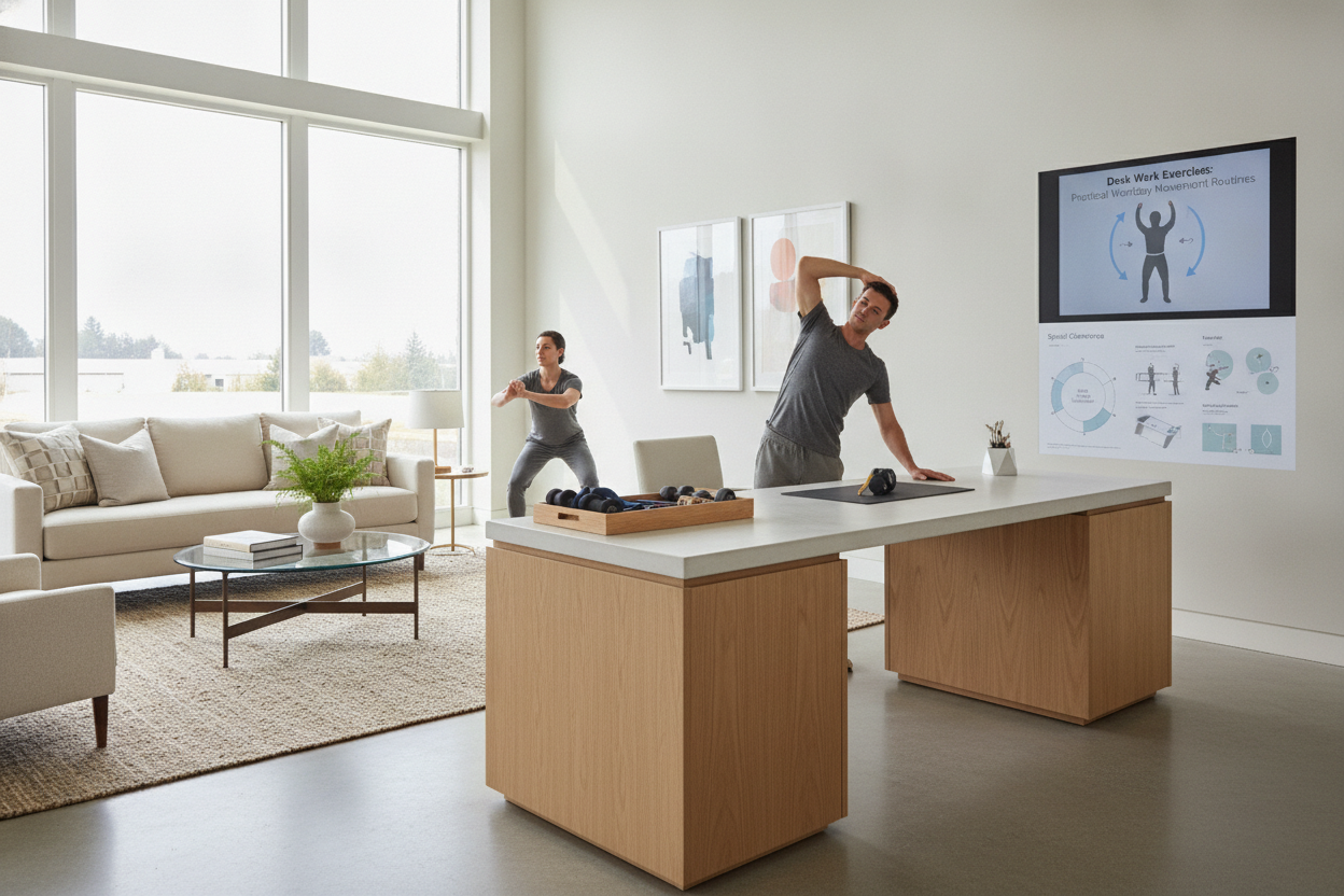 Desk Work Exercises: Practical Workday Movement Routines, Spatial Clearances, and Workspace Planning