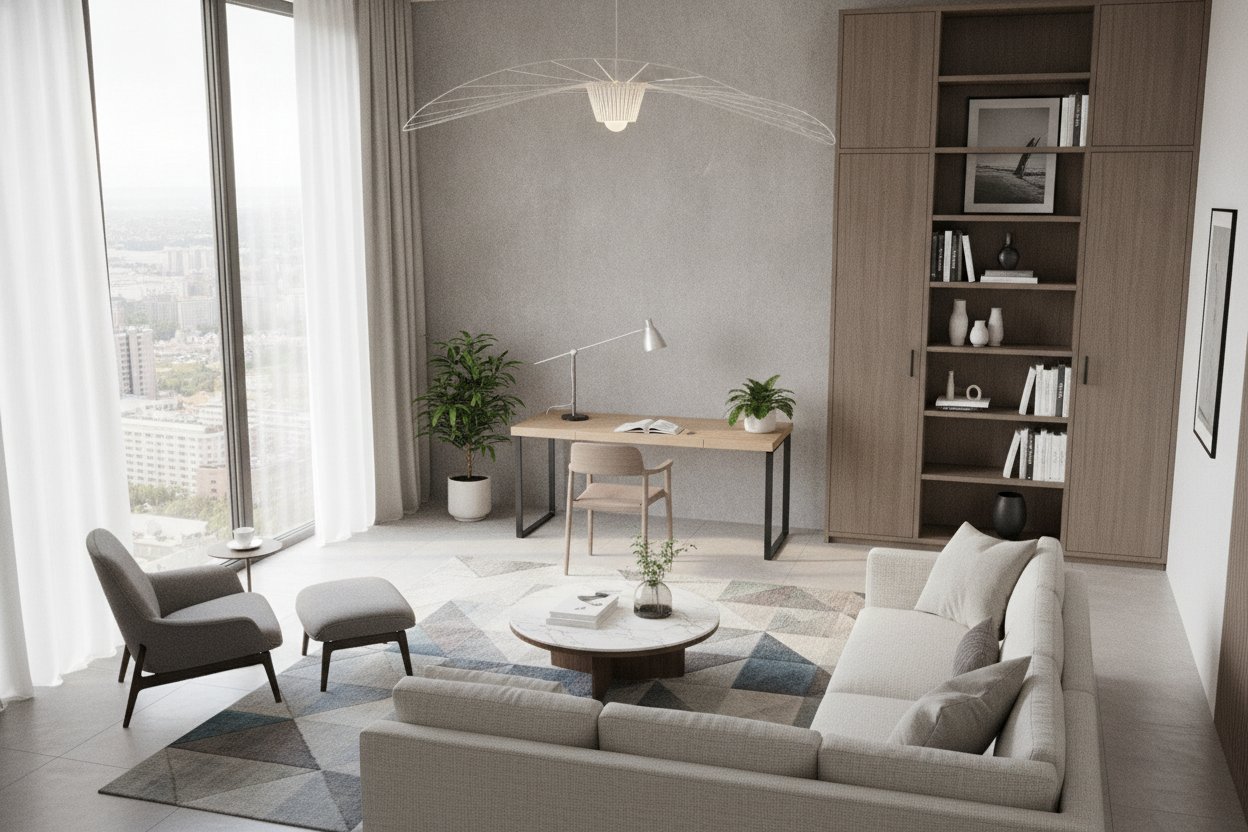 The Apartment Living Room with Desk Design Guide: Layout Strategies, Spatial Zoning, and Storage Harmony
