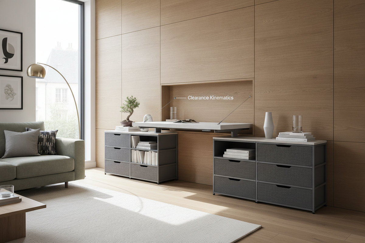 The Built-In Sit-Stand Desk Architectural Guide: Wall-Flushed Integration, Clearance Kinematics, and Modular Storage