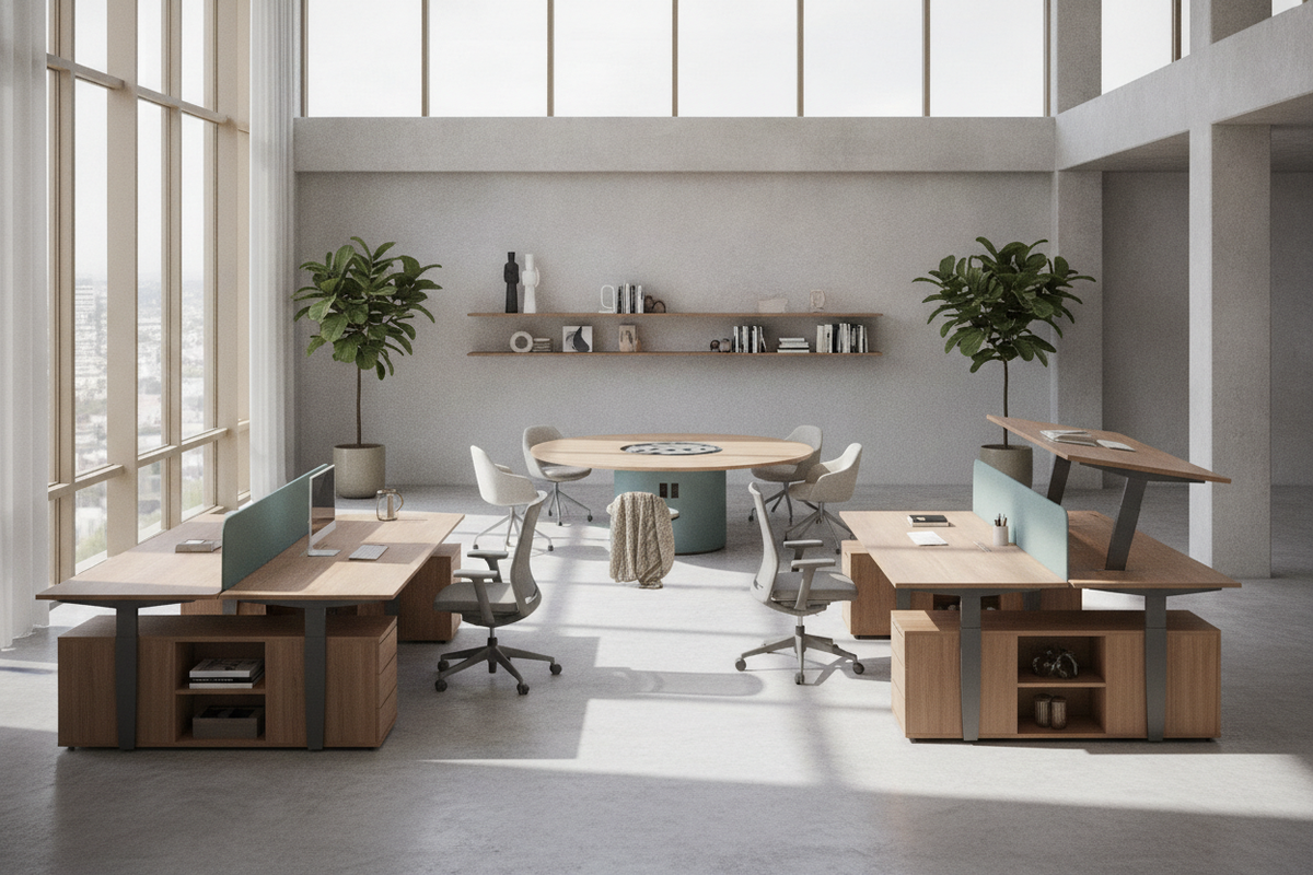 Flexible Desk Architecture Guide: Layout Geometries, Sit-Stand Motion, Storage Integration, and Dynamic Workstation Planning
