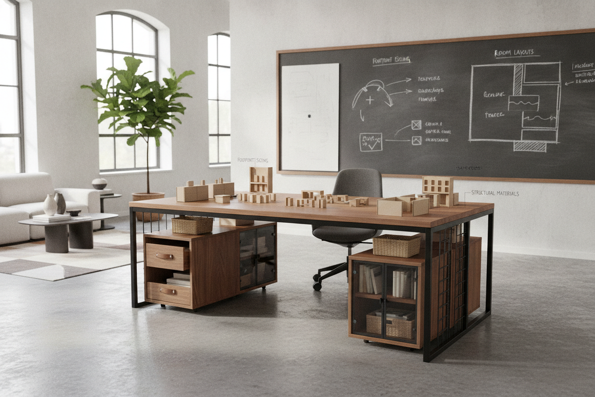 Desk for an Office Planning Guide: Footprint Sizing, Storage Archetypes, Structural Materials, and Room Layouts