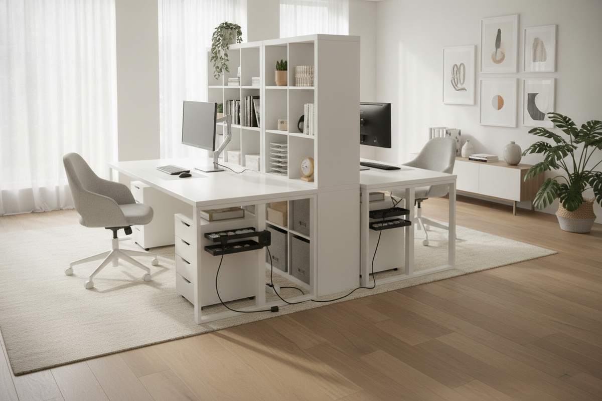 IKEA Double Desk Blueprint: Two-Person Workstation Layouts, Central Storage Integration, Span Support, and Cable Zoning