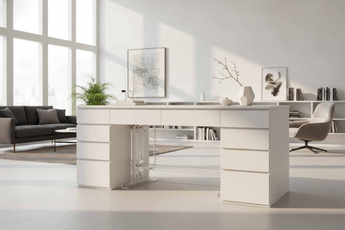White Standing Desk with Drawers Blueprint: Storage Geometry, Finish Resilience, Kinetic Clearances, and Room Layouts