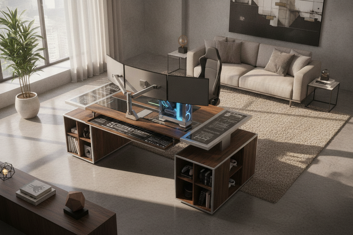 Emanuiel Desk Blueprint: Height Adjustable Standing Gaming Workstation Layouts, Kinetic Clearances, Rig Ergonomics, and Storage Synergy