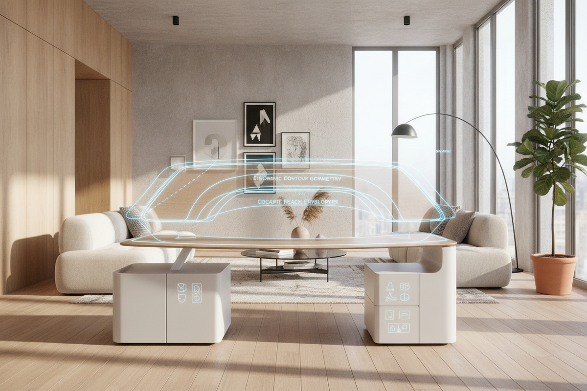 Curved Standing Desk Blueprint: Ergonomic Contour Geometry, Cockpit Reach Envelopes, Surface Craft, and Storage Synergy