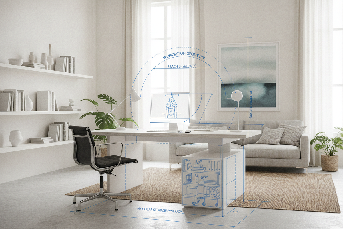 Ergonomic Desk Setup Diagram Blueprint: Workstation Geometry, Reach Envelopes, Spatial Clearances, and Modular Storage Synergy