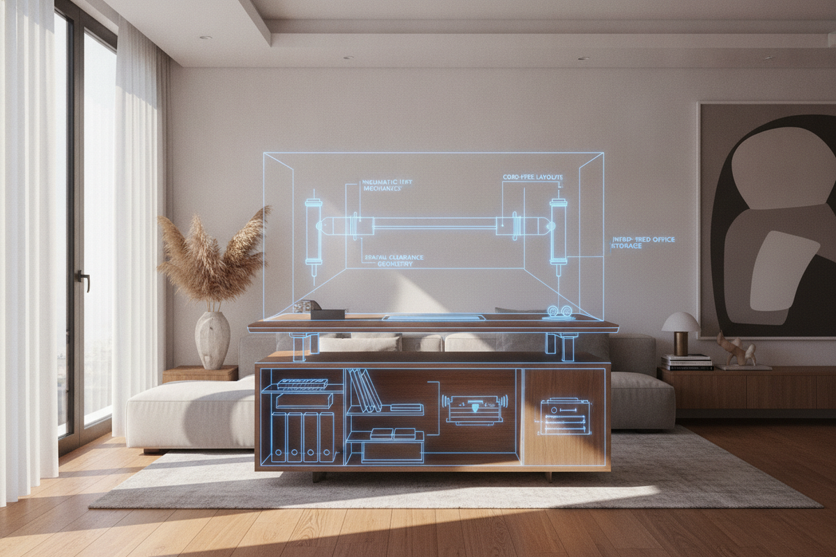 Hydraulic Desks Blueprint: Pneumatic Lift Mechanics, Spatial Clearance Geometry, Cord-Free Layouts, and Integrated Office Storage