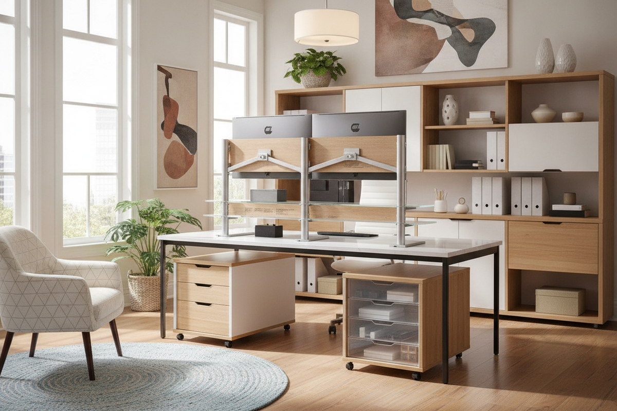 Ergo Computer Monitor Stands Blueprint: Visual Elevation Geometry, Surface Clearance Tiers, Material Craft, and Office Storage Synergy