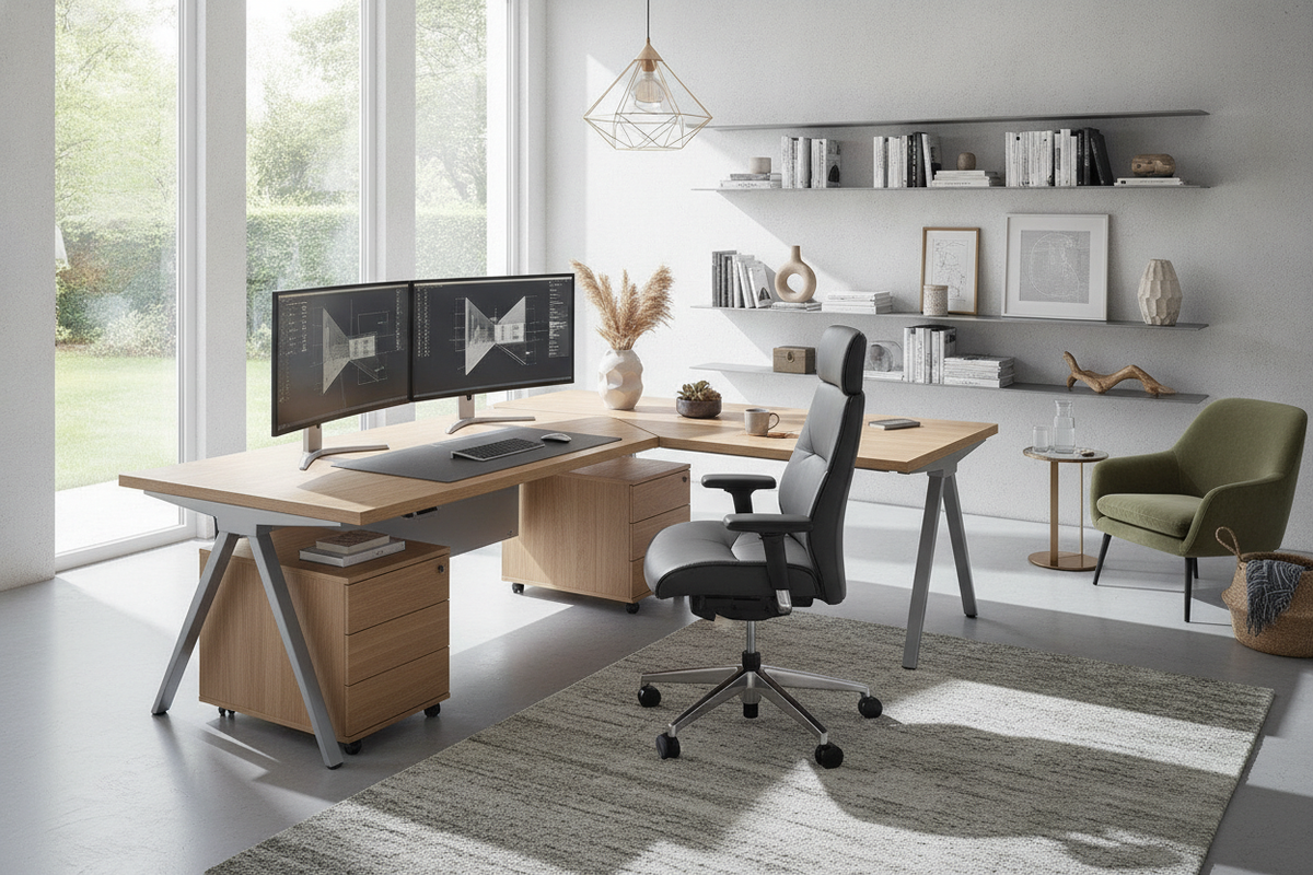 Ergonomic L-Shaped Desk Guide: Dual-Wing Geometry, Cockpit Reach, Mobility, and Storage Integration
