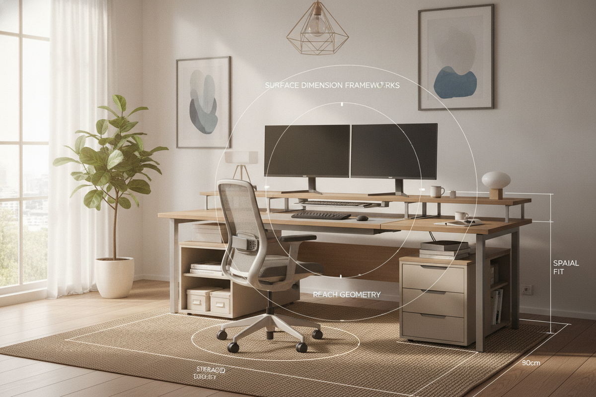 Work Desk Ergonomics Blueprint: Surface Dimension Frameworks, Reach Geometry, Spatial Fit, and Integrated Storage Synergy