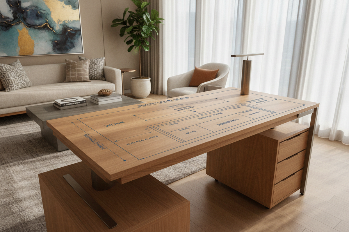 Desk Sit Stand Blueprint: Dimensional Scale, Kinetic Travel Clearance, Surface Zoning, and Storage Synergy