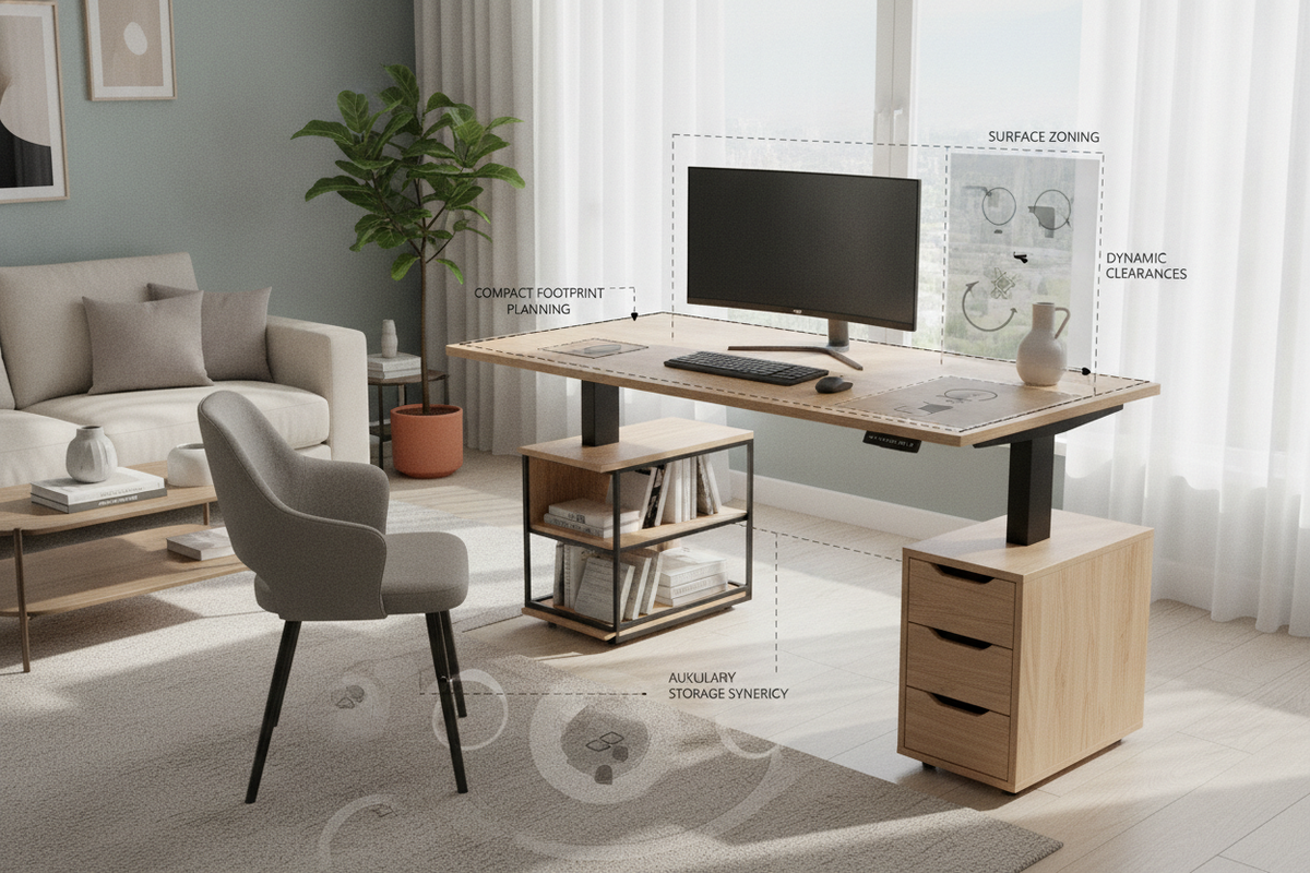 42 Inch Adjustable Standing Desk Blueprint: Compact Footprint Planning, Surface Zoning, Dynamic Clearances, and Auxiliary Storage Synergy