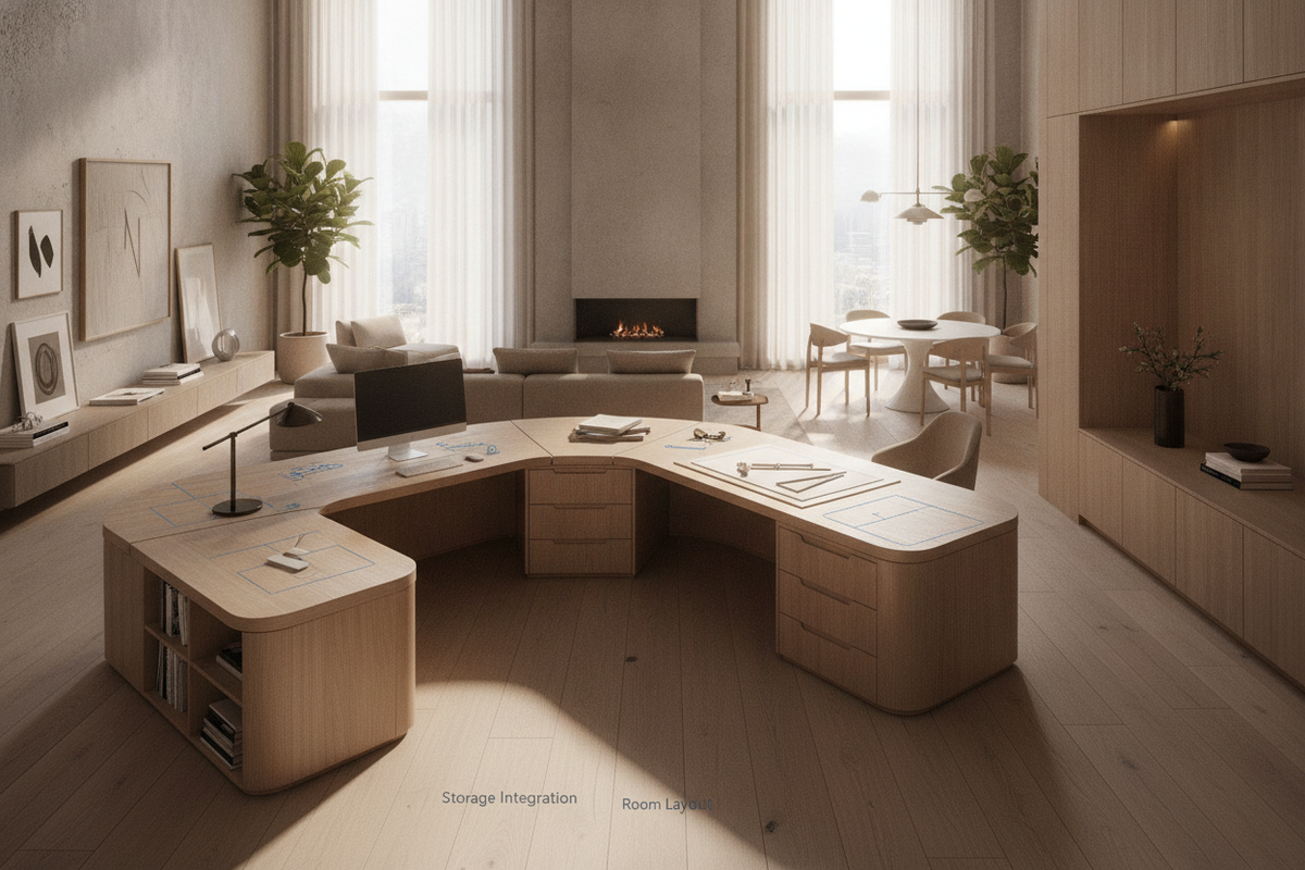 Wrap Around Desks Blueprint: Multi-Zone Geometry, Spatial Footprints, Storage Integration, and Room Layouts
