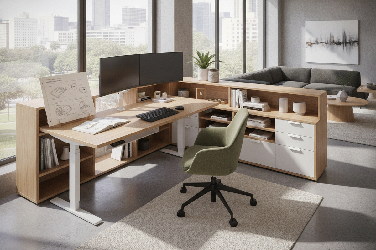 Koru Standing L-Desk Planning Guide: Corner Workstation Ergonomics, Motorized Layouts, and Storage Integration