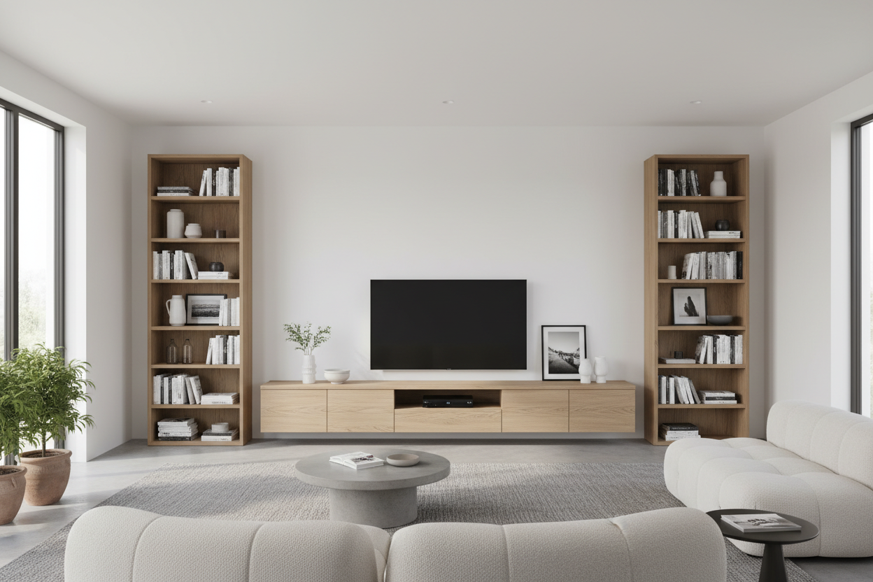 How TV Stands With Matching Bookshelves Anchor Awkward Rooms