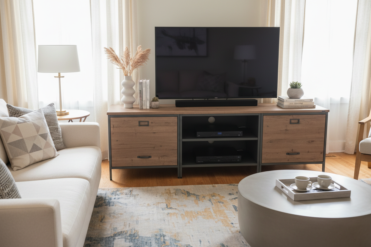 File Cabinet TV Stand: How to Hide the Home Office