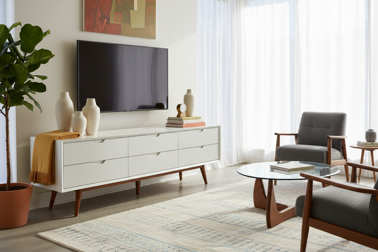 Styling Mid Century Modern White TV Stands Without Looking Cold