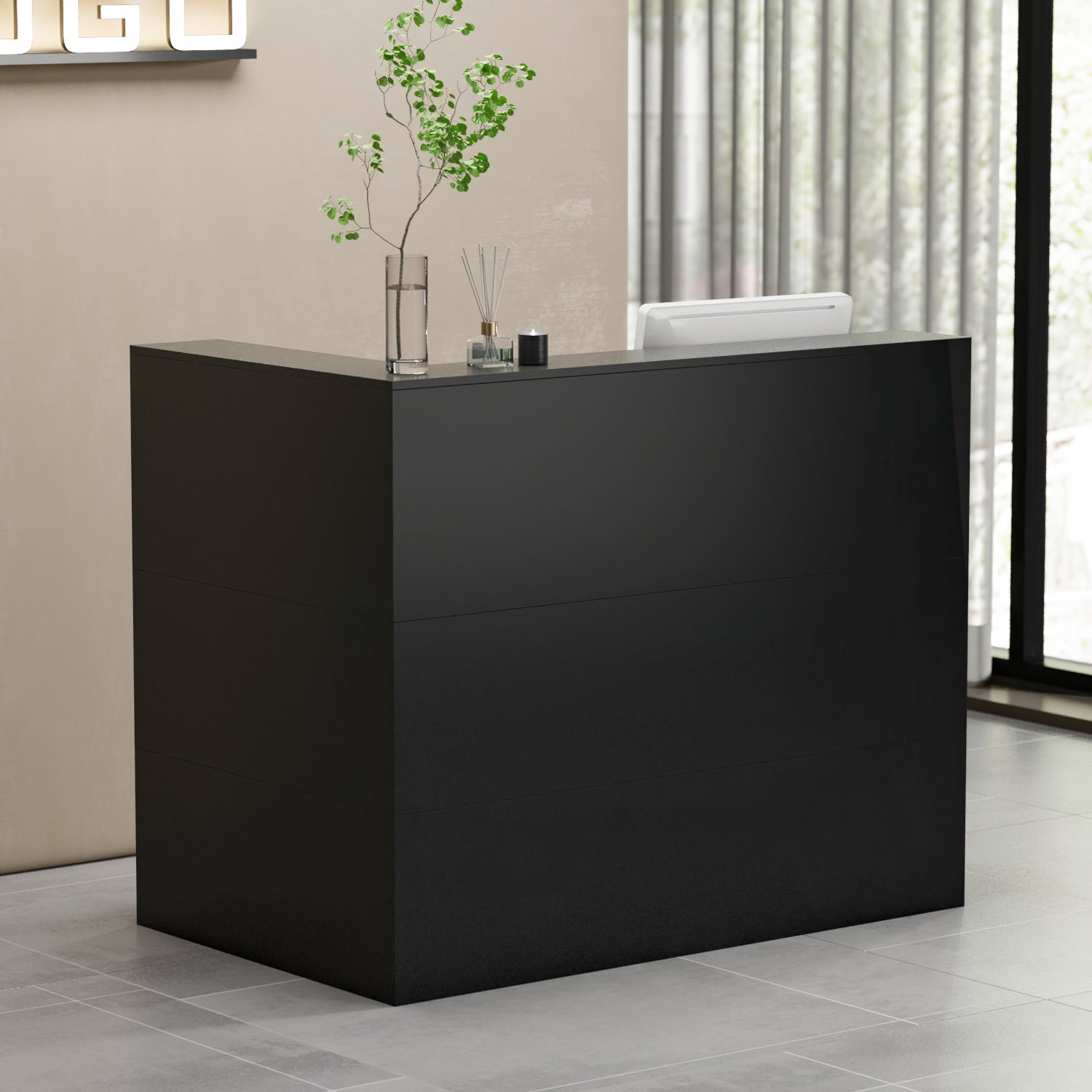 L-Shaped Reception Desk with Large Storage Filing Cabinets