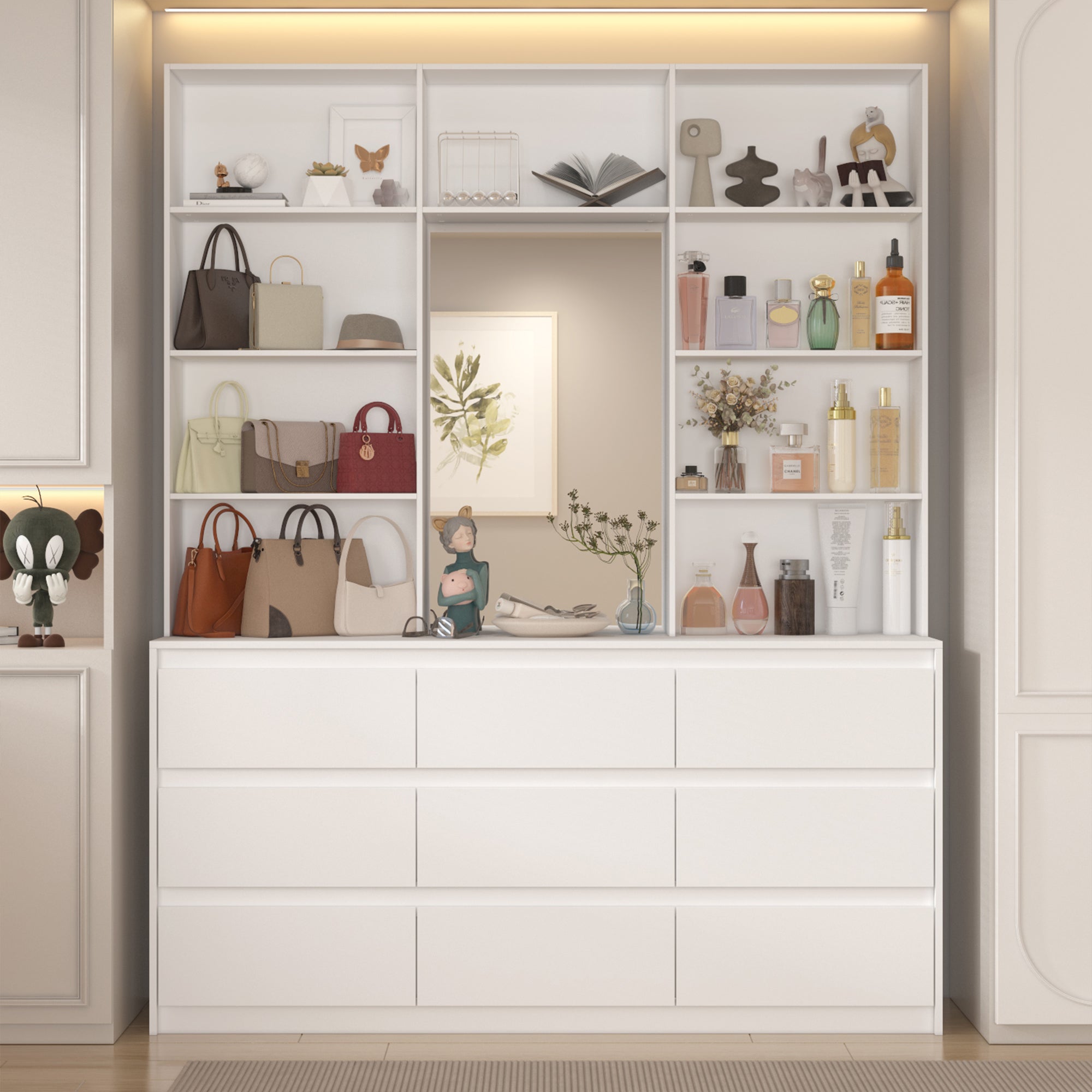 Elegant Closet System With 9 Drawers And Mirror