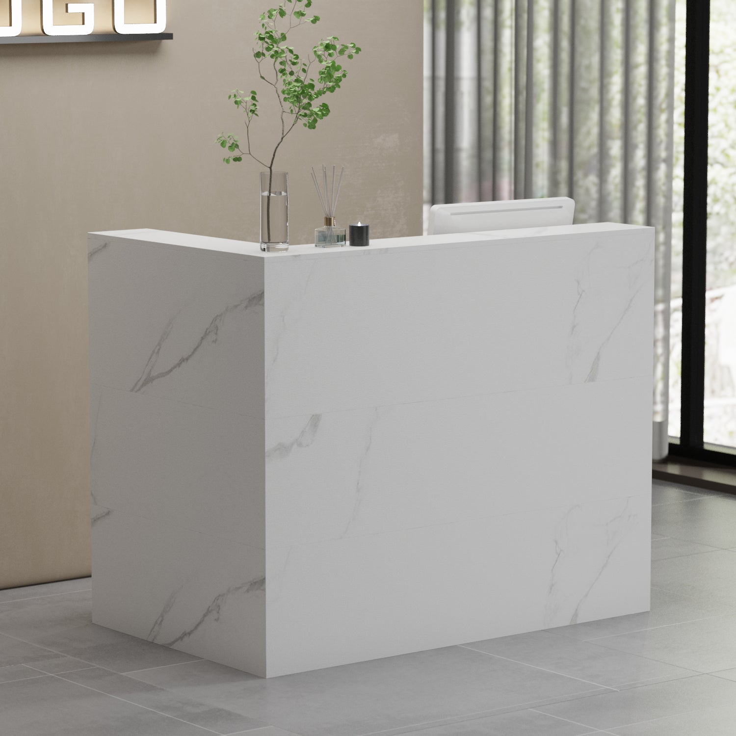 L-Shaped Reception Desk with Large Storage Filing Cabinets