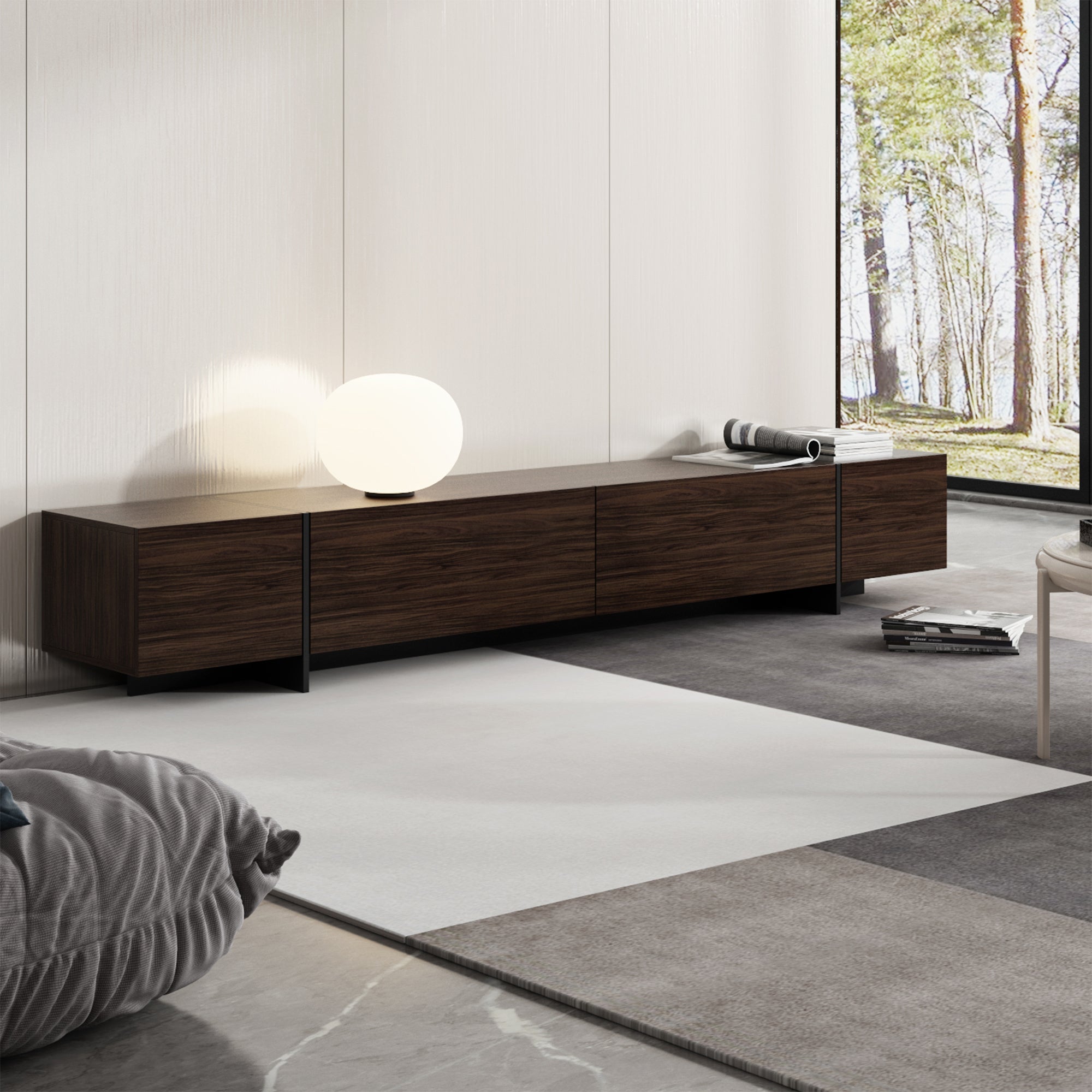 Four-door Wood Grain-color Entertainment Center with Pull-Down Doors - 95.7"W